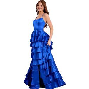Jovani Satin Ruffled Tiered Gown 48295 Royal Blue Size 0 NWT